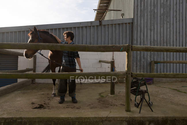 Frau streichelt Pferd an sonnigem Tag im Stall — Stockfoto