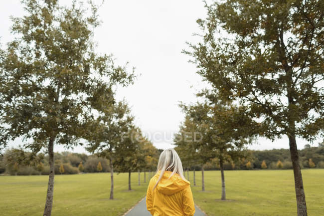 Visão traseira da mulher loira andando no parque — Fotografia de Stock