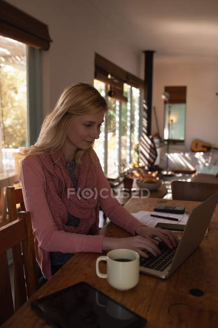 Schöne Frau mit Laptop zu Hause — Stockfoto