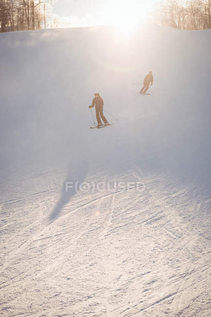 Два лижника катаються на лижах у засніжених Альпах взимку — стокове фото