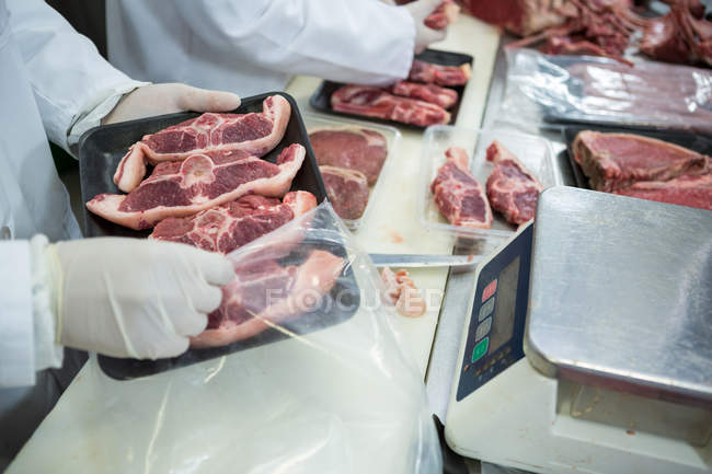 Мясники упаковывают рубленое мясо на мясокомбинате — стоковое фото