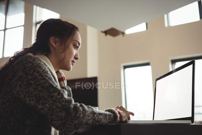 Mujer trabajando en el ordenador portátil en la sala de estar en casa - foto de stock
