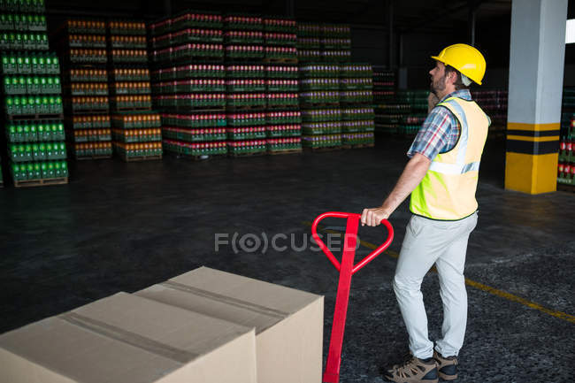 Visão traseira do carrinho de mão de obra masculina no armazém — Fotografia de Stock