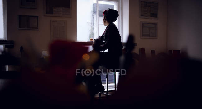 Rückansicht einer Frau, die durch ein Fenster in einem Café blickt — Stockfoto
