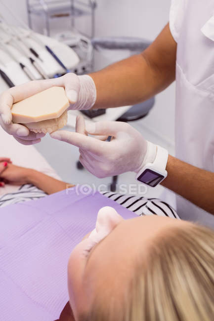 Стоматолог показывает модель протезирования пациенту в клинике — стоковое фото