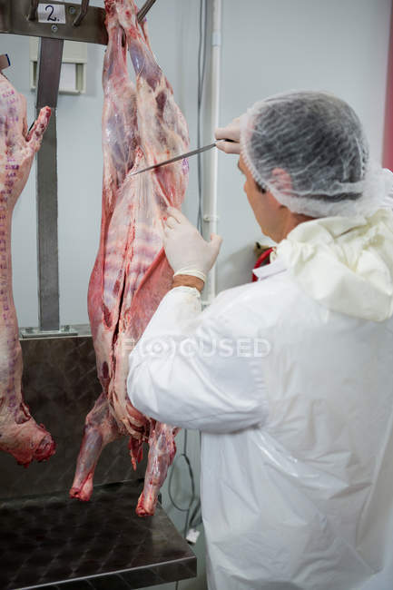 Açougueiro cortando carne na fábrica de carne — Fotografia de Stock