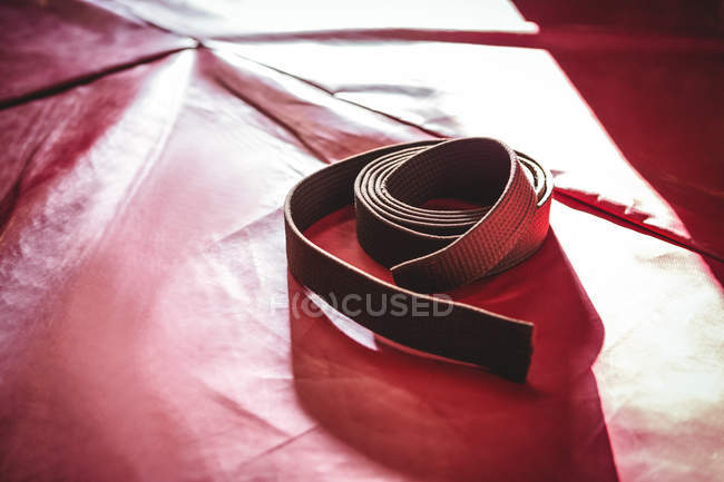 Correia marrom de karatê enrolada na superfície vermelha no estúdio de fitness — Fotografia de Stock