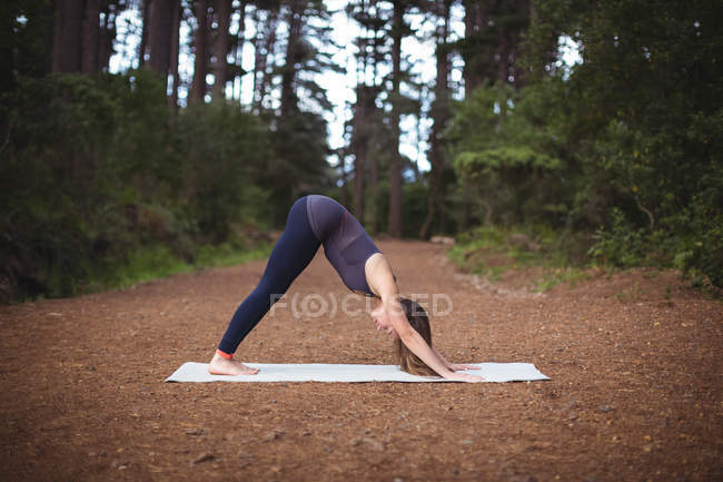 Frau macht Yoga auf Trainingsmatte im Wald — Stockfoto