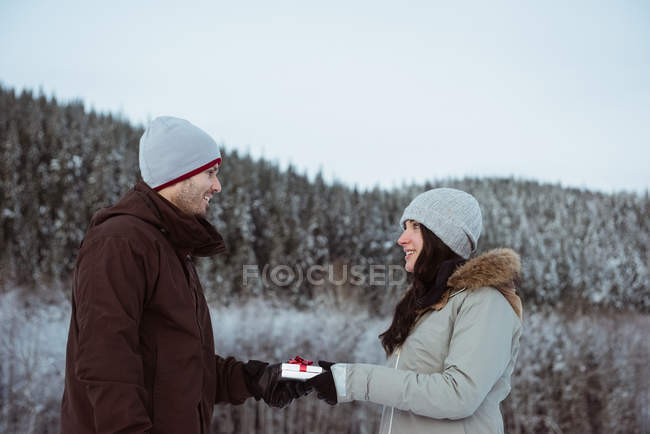 Улыбающаяся женщина дарит подарок мужчине на заснеженной горе — стоковое фото