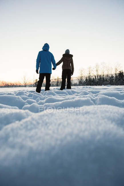 Rückansicht eines Paares, das auf einer verschneiten Landschaft steht — Stockfoto