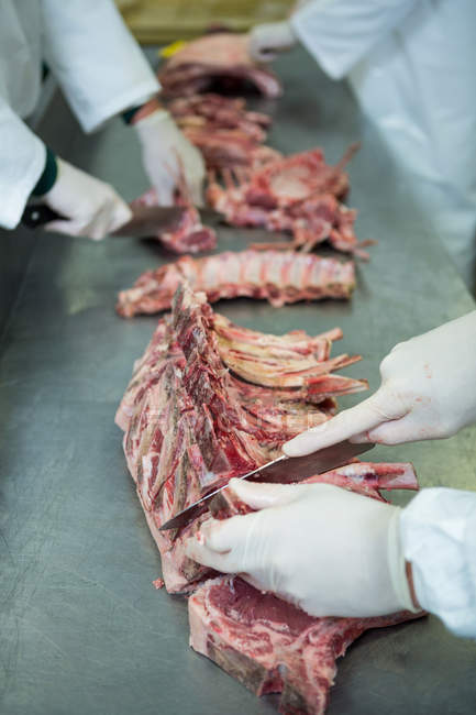 Gros plan des bouchers coupant de la viande dans une usine de viande — Photo de stock