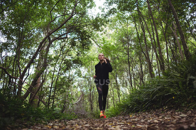 Schöne Frau joggt im Wald — Stockfoto