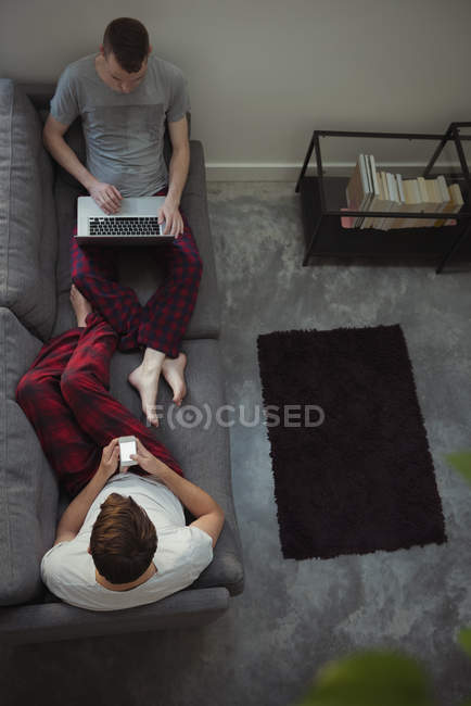 High angle view of gay couple using mobile phone and laptop on sofa at home — Stock Photo