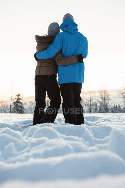 Vista trasera de la pareja de pie y abrazándose en el paisaje nevado - foto de stock