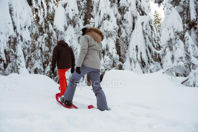 Casal de esquiador caminhando na montanha coberta de neve — Fotografia de Stock