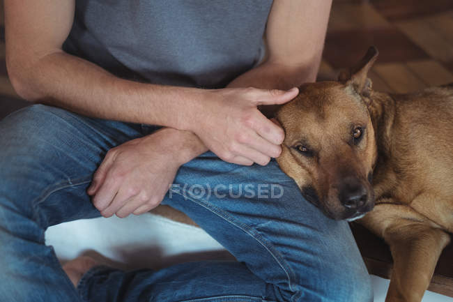 Dog relaxing on the lap of man at home — Stock Photo