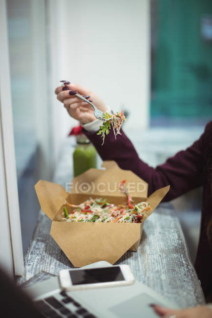 Seção média de mulher usando laptop enquanto come salada — Fotografia de Stock