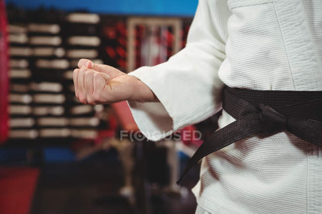 Mid section of karate player performing karate stance in fitness studio — Stock Photo