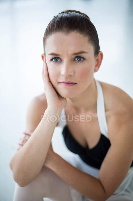 Close-up of thoughtful ballerina in ballet studio — Stock Photo