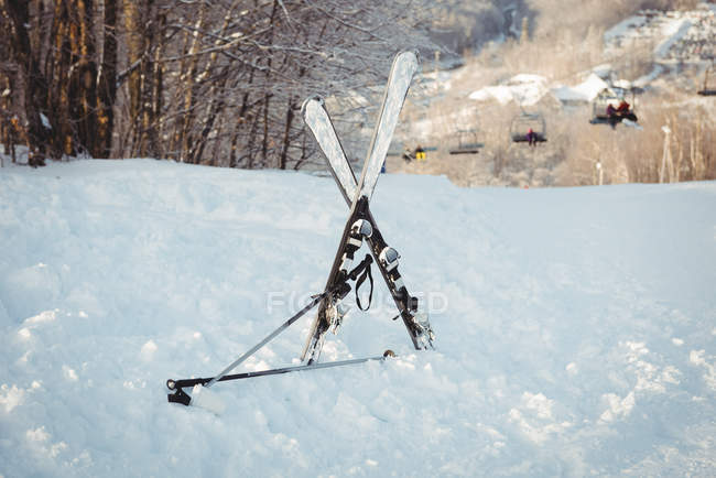 Esquis em pé na paisagem nevada durante o inverno — Fotografia de Stock