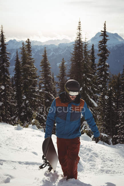 Homem caminhando com snowboard na montanha coberta de neve contra árvores — Fotografia de Stock