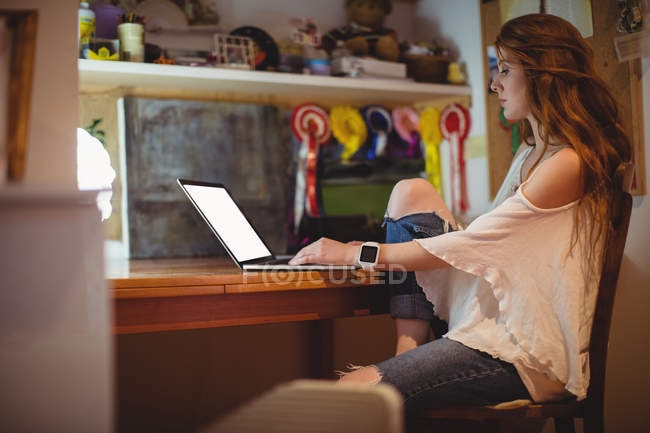 Hermosa mujer usando el ordenador portátil en casa - foto de stock