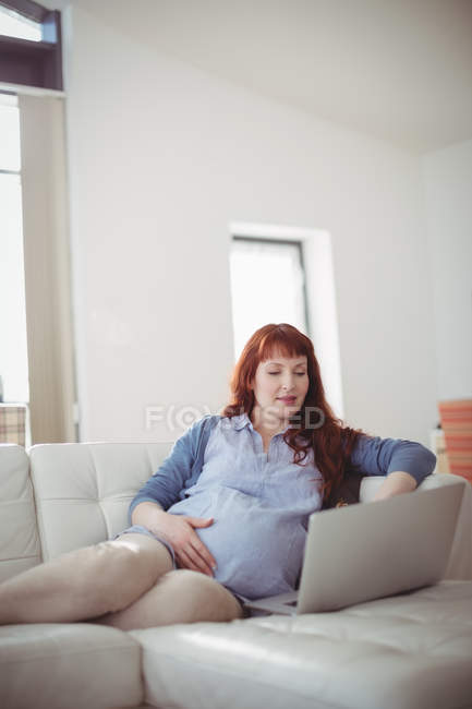 Mulher grávida usando laptop enquanto relaxa no sofá na sala de estar em casa — Fotografia de Stock