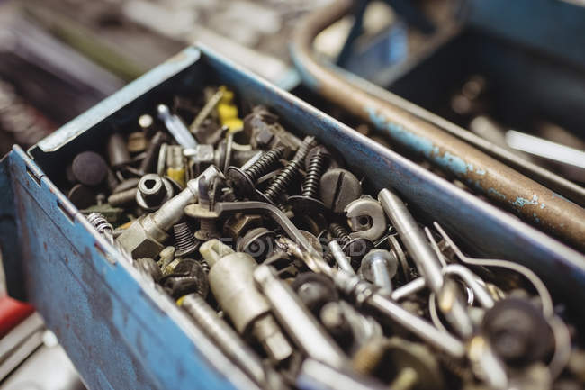 Close-up of automobile tools in repair garage — Stock Photo