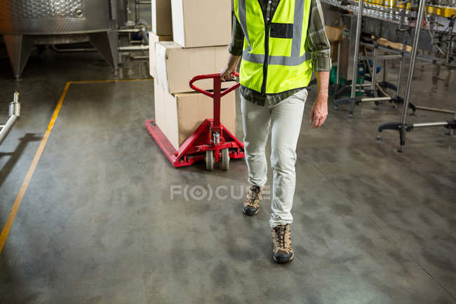 Baixa seção de trabalhador masculino puxando carrinho no armazém — Fotografia de Stock