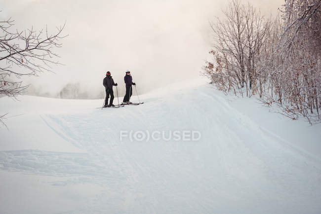 Two skiers skiing in snowy alps during winter — Stock Photo