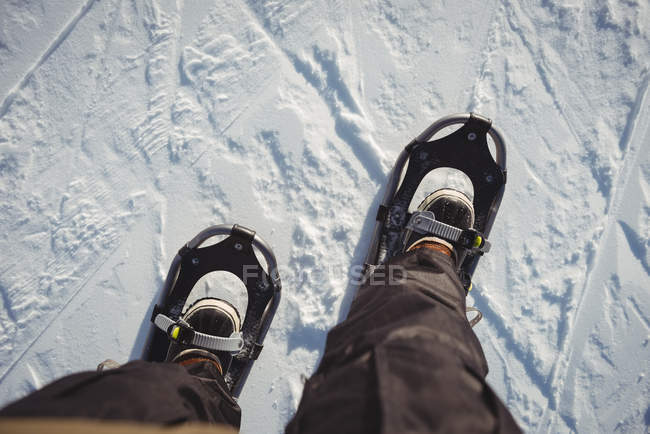 Close up de sapatos de esquiador na paisagem coberta de neve — Fotografia de Stock