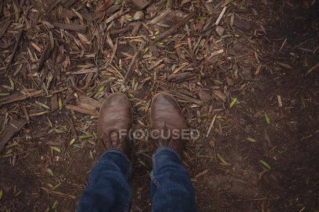 Baixa seção de homem de pé em lascas de madeira — Fotografia de Stock