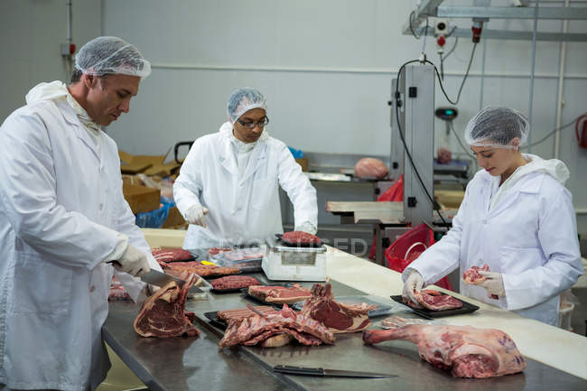 Açougueiros cortando carne na fábrica de carne — Fotografia de Stock