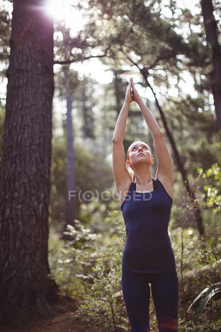 Mulher bonita meditando na floresta em um dia ensolarado — Fotografia de Stock
