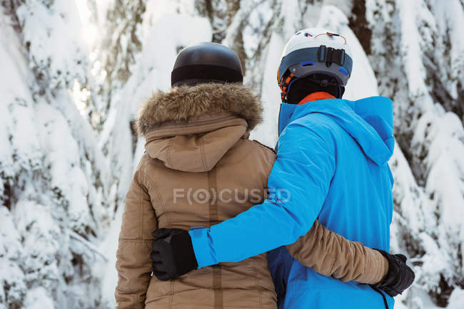 Vista trasera de la pareja de esquiadores de pie sobre el paisaje cubierto de nieve - foto de stock