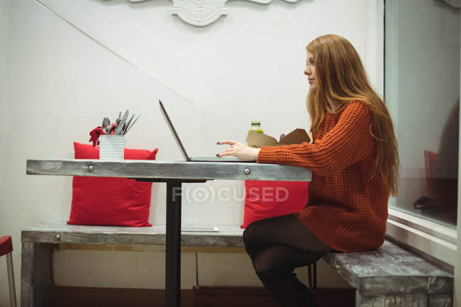 Вид збоку красива жінка використовує ноутбук під час їжі салат — стокове фото