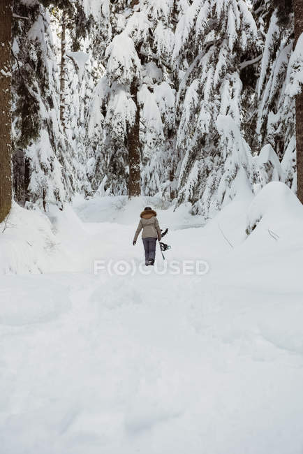 Vue arrière du skieur féminin marchant avec ski sur un paysage enneigé — Photo de stock