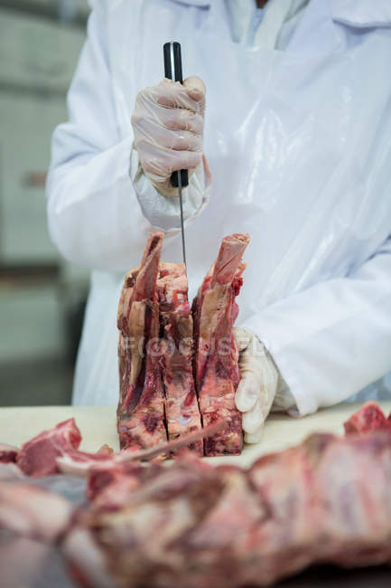 Gros plan sur la découpe de viande de boucher à l'usine de viande — Photo de stock