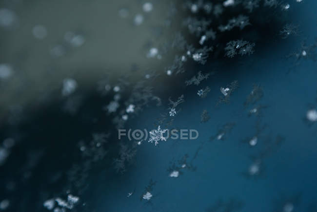 Primer plano de los copos de nieve en la superficie del agua del lago durante el invierno - foto de stock