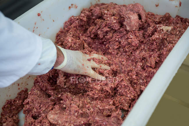 Mano de carnicero mezclando carne picada en fábrica de carne - foto de stock