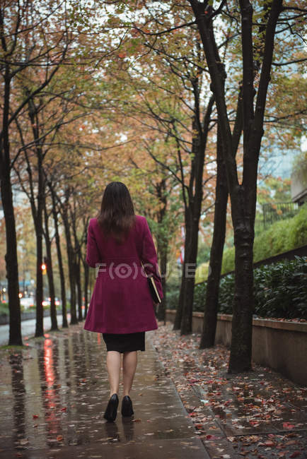 Rückansicht einer Geschäftsfrau mit Tagebuch, die auf nassem Fußweg geht — Stockfoto