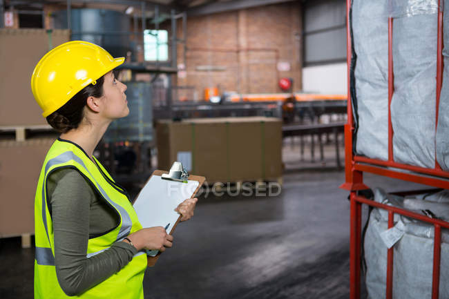 Side view of confident female worker examining products in warehouse — Stock Photo