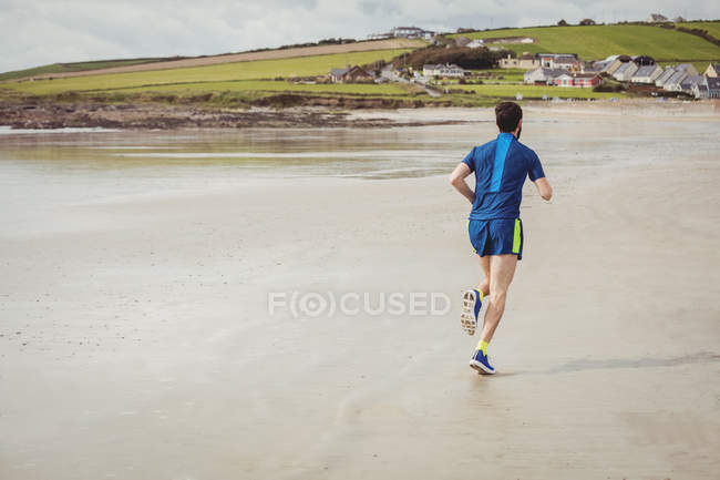 Вид сзади спортсмена, бегущего по мокрому песчаному пляжу — стоковое фото
