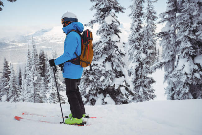 Seitenansicht des Skifahrers auf schneebedeckten Bergen — Stockfoto