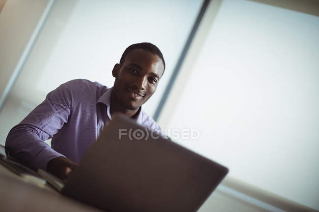Retrato de executivo de negócios usando laptop no escritório — Fotografia de Stock