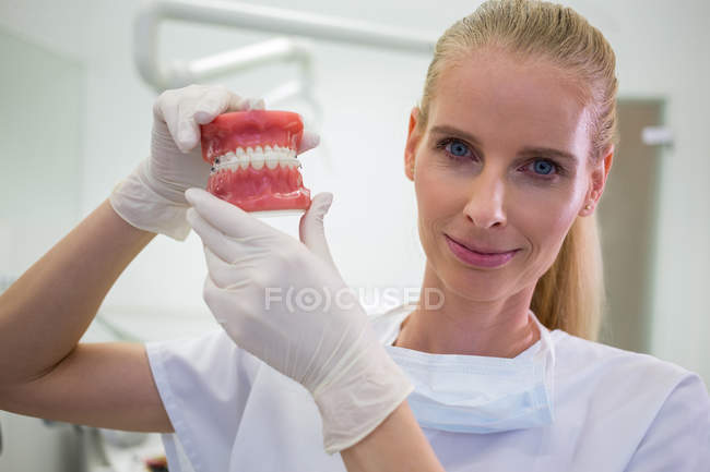 Retrato de dentista feminina segurando conjunto de dentaduras na clínica — Fotografia de Stock
