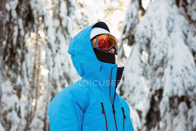 Лыжник смотрит на красивые заснеженные горы — стоковое фото