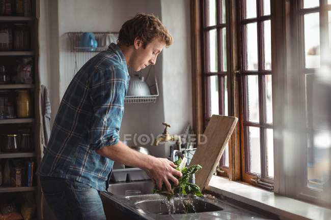 Uomo lavaggio verdure in cucina a casa — Foto stock