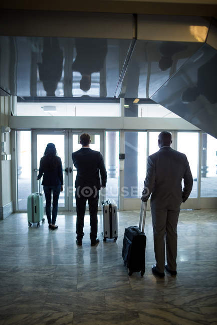 Вид сзади на бизнес-людей с багажом, стоящих в зоне ожидания в аэропорту — стоковое фото