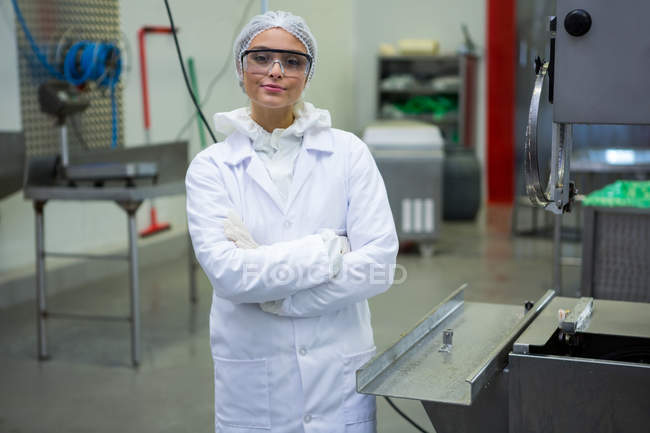 Retrato de mulher técnica de pé com os braços cruzados na fábrica de carne — Fotografia de Stock